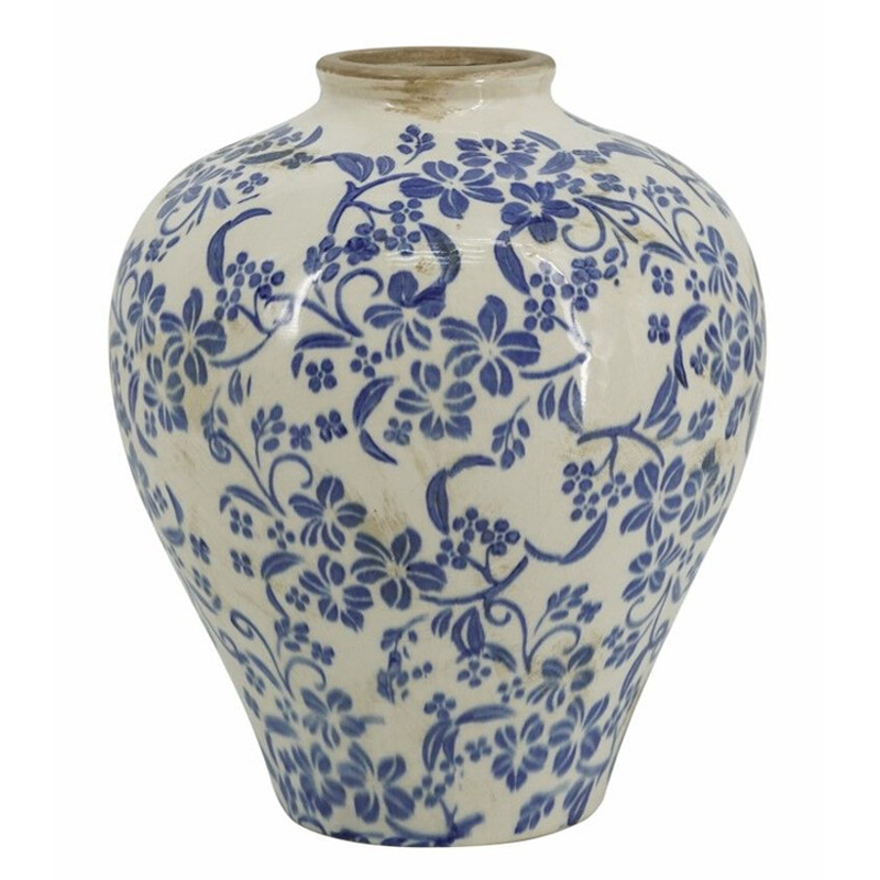 Ваза округлой формы с синим цветочным узором Blue & White Ornament Белый Синий Ваза округлой формы с синим цветочным узором Blue & White Ornament Белый Синий в Москве | Loft Concept