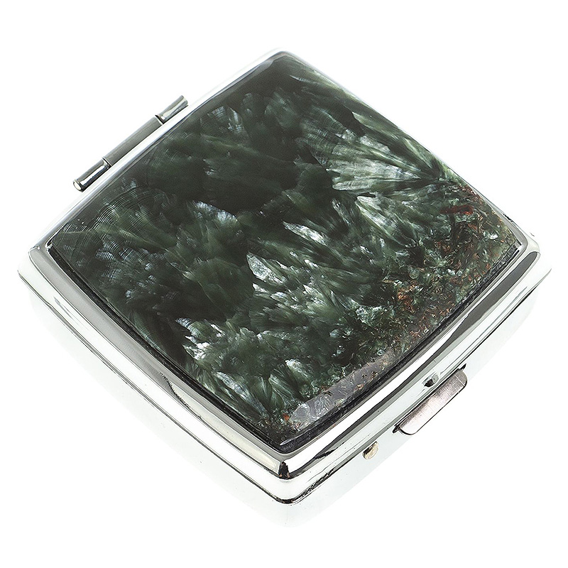 

Таблетница карманная квадратная с 2-мя отделениями с зеркалом и накладкой из натурального камня Серафинит Silver Stone Pillboxes