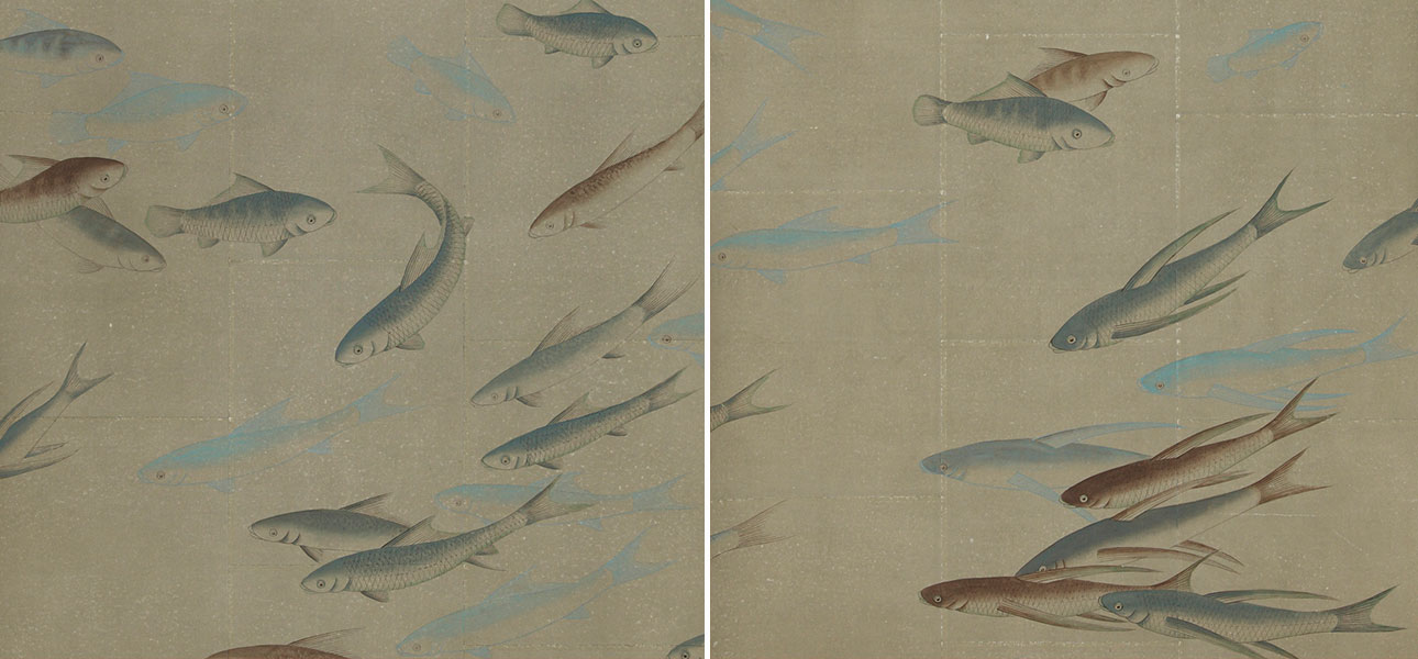 Обои ручная роспись Fishes Special Colourway on Lead Grey India tea paper - фото