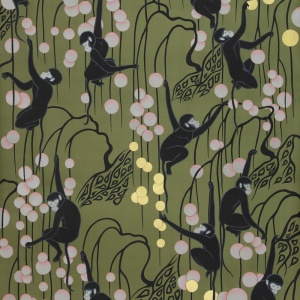 Обои ручная роспись Deco Monkeys Special Colourway on Olive dyed silk