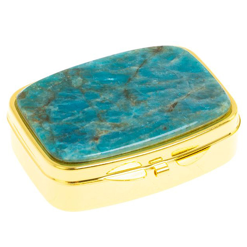

Таблетница карманная прямоугольная с 2-мя отделениями с зеркалом и накладкой из натурального камня Апатит Голубой Gold Stone Pillboxes