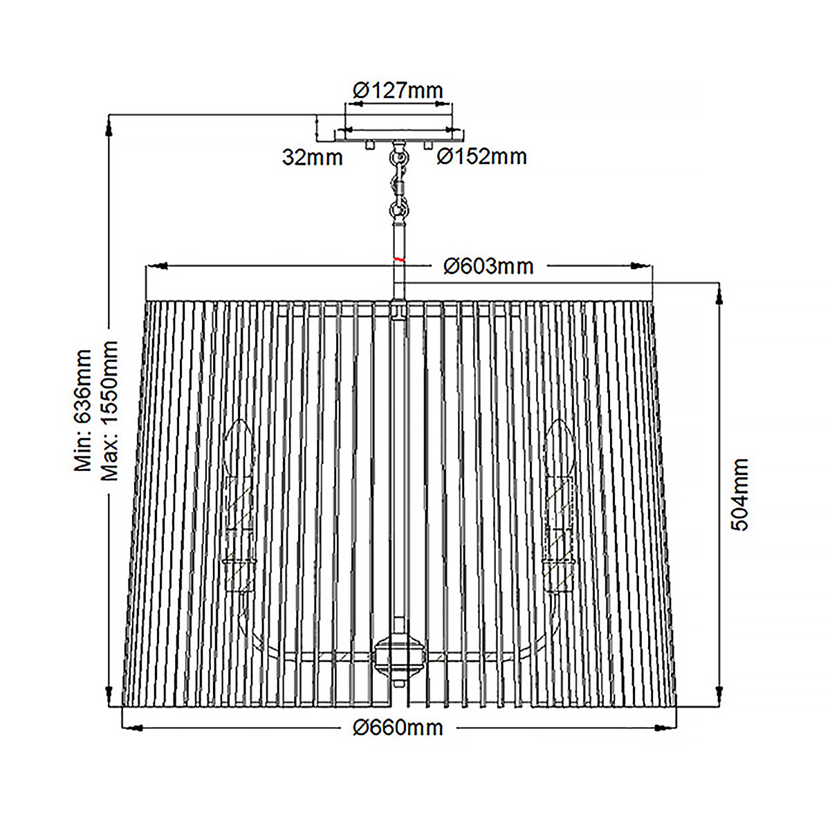 Люстра цвета латунь с 6-ю лампами свечами внутри цилиндрического абажура из черных металлических реек Kichler в Москве
