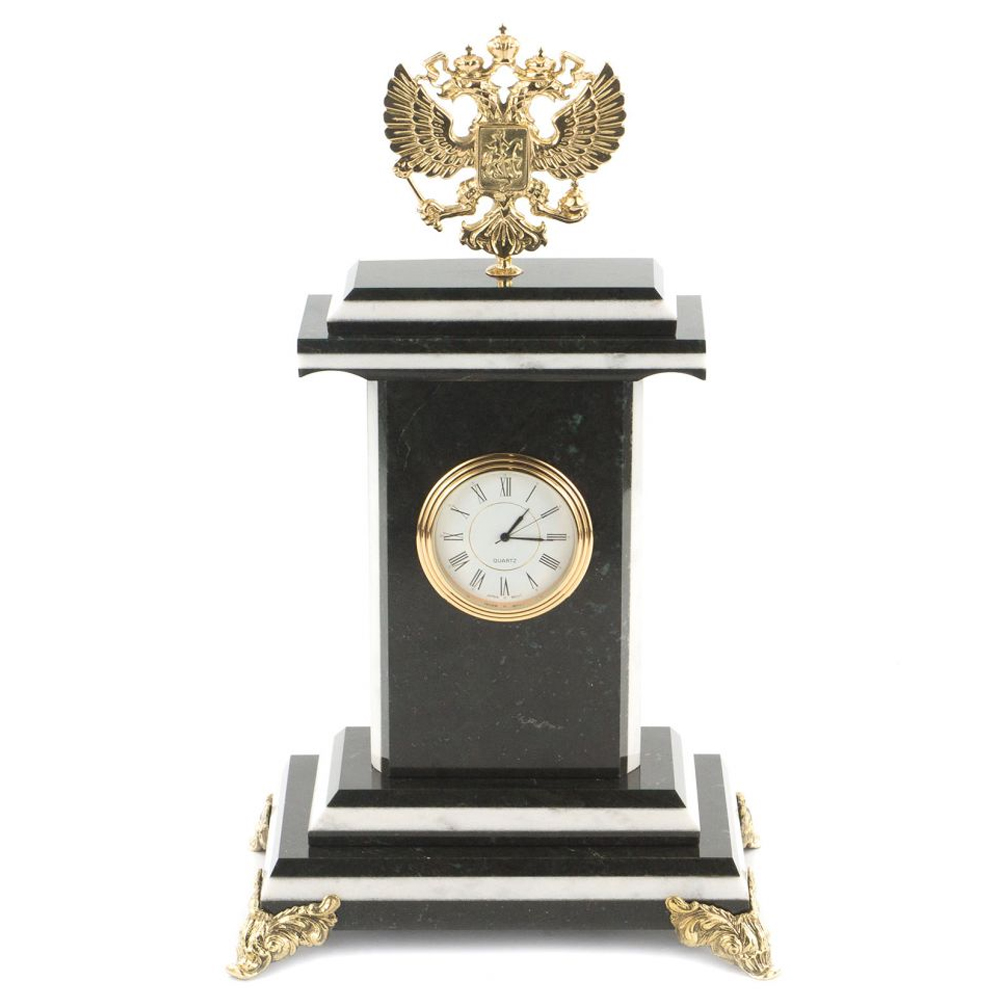 

Часы настольные бронзовые с Гербом России из натурального камня Змевик Stone Clock