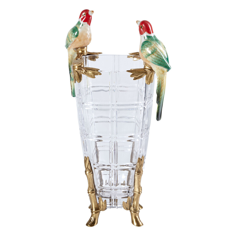 Ваза из прозрачного стекла с бронзовыми ножками и фигурками попугаев Eden Garden porcelain and bronze Прозрачное Стекло Бронза Мульти в Москве | Loft Concept 