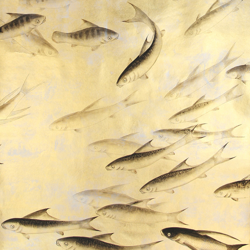 Обои ручная роспись Fishes Original colourway on Deep Rich Gold gilded paper with d?sargenter pearlescent antiquing