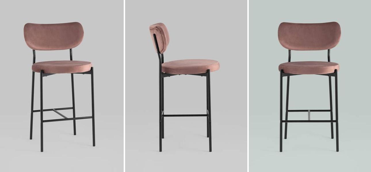 Барный Стул Alfie Chair Черные ножки Розовый Велюр - фото