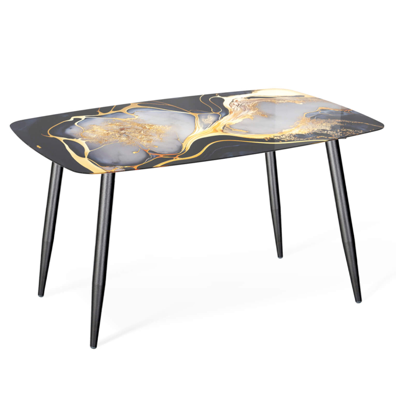 

Обеденный стол с прямоугольной черно-золотой столешницей из стекла на 4-х металлических ножках Gold and Black Marble