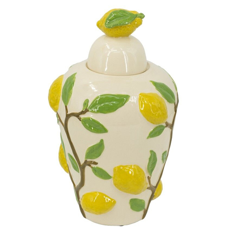 Ваза с крышкой кремового цвета и объемным рисунком лимонов и листьев Lemon Delight Кремовый Желтый Коричневый Зеленый Ваза с крышкой кремового цвета и объемным рисунком лимонов и листьев Lemon Delight Кремовый Желтый Коричневый Зеленый в Москве | Loft Concept