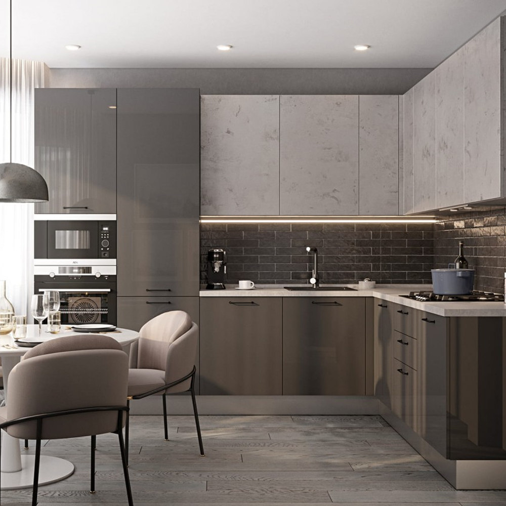 

Кухонный гарнитур с серым глянцевым фасадом Onfroi Moss Grey Kitchen Set
