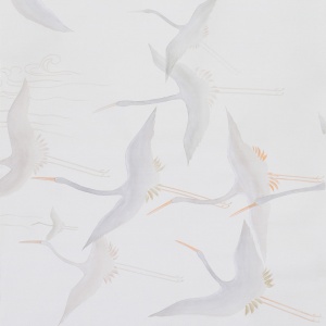 Обои ручная роспись Cranes Scroll Original colourway on Natural Mica metallic silk