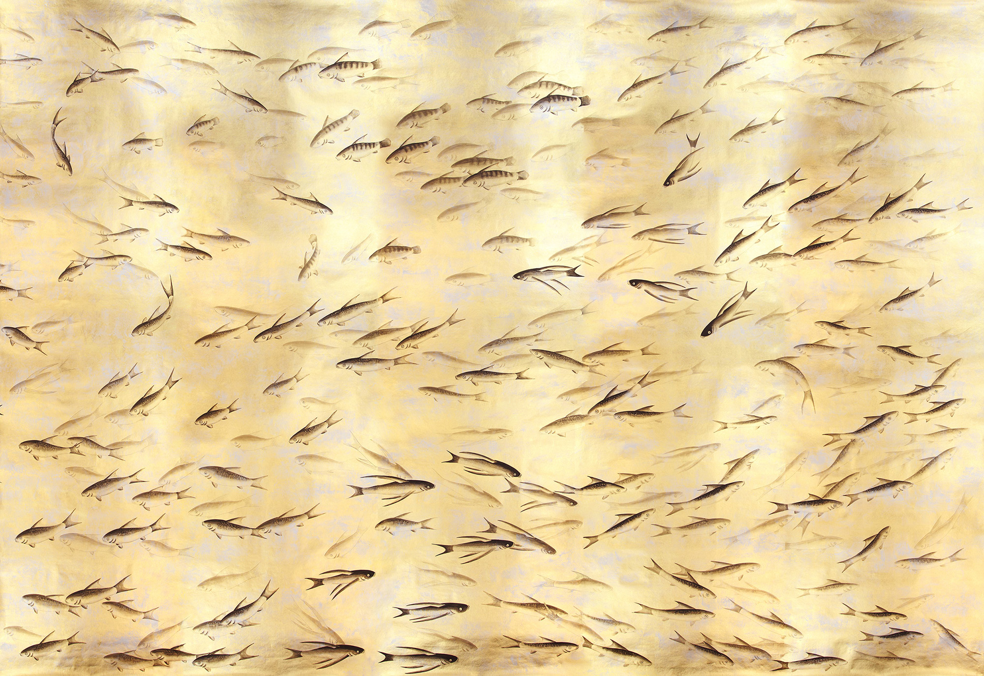 Обои ручная роспись Fishes Original colourway on Deep Rich Gold gilded paper with d?sargenter pearlescent antiquing - постер Loft-Concept