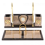 Настольный письменный набор из бежевого мрамора с часами и гербом Marble Accessory варинант исполнения - 1 | Loft Concept в Москве