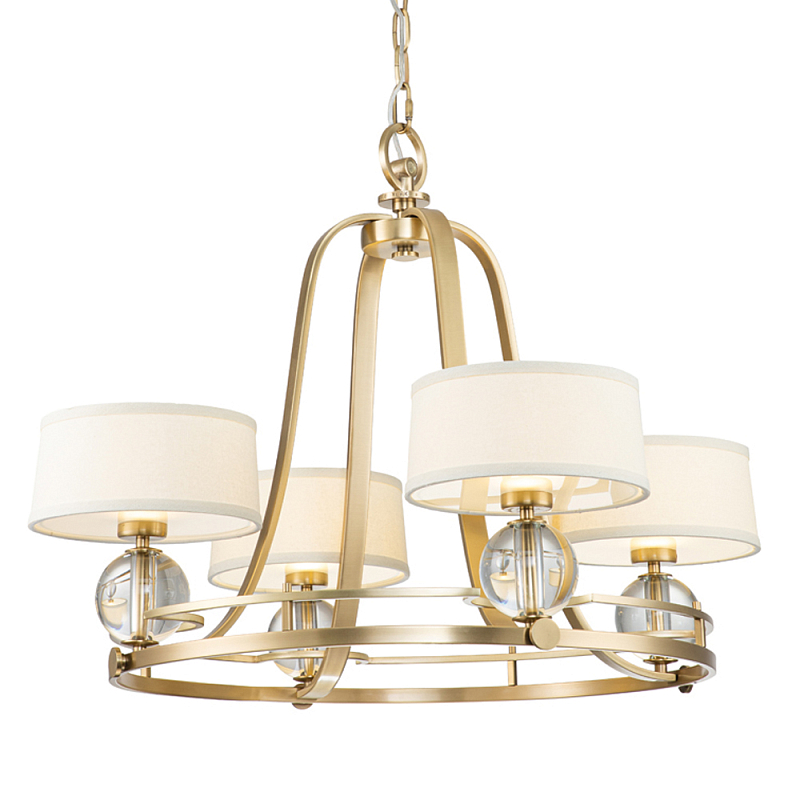 Люстра цвета латунь с 4-мя тканевыми абажурами и стеклянными шарами Quoizel Латунь Прозрачное Стекло Бежевый в Москве | Loft Concept 