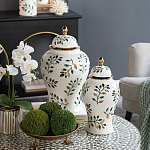 Ваза белая с крышкой с рисунком зеленых и золотых листьев 48 см Chinoiserie Ceramics варинант исполнения - 4 | Loft Concept в Москве