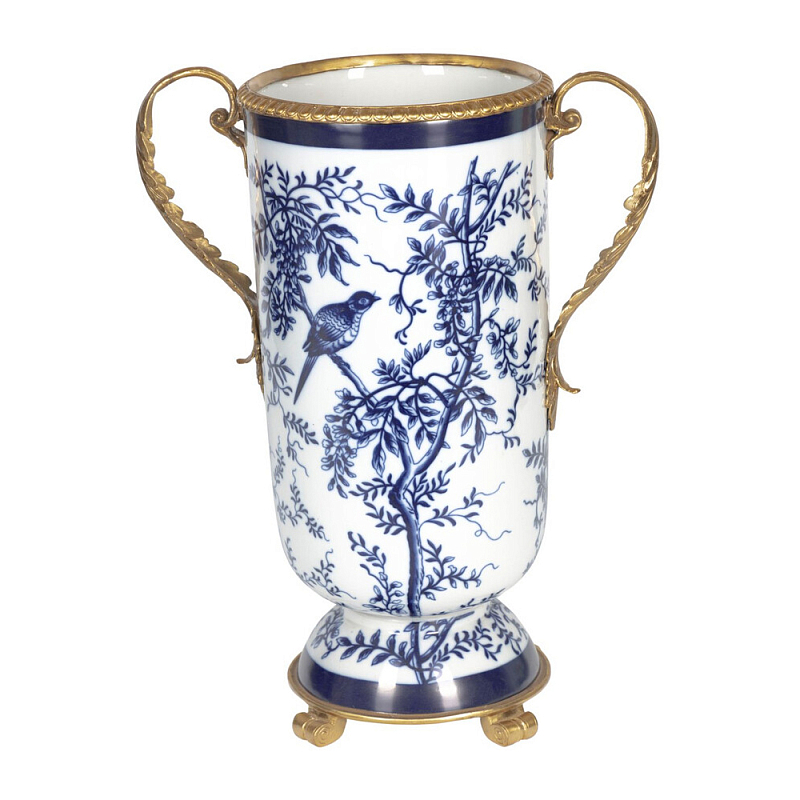 Ваза с бронзовыми ручками и синим цветочным узором Blue & White Ornament Синий Белый Бронза в Москве | Loft Concept 