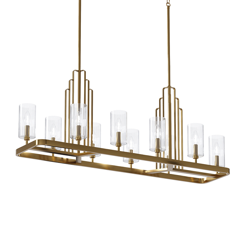 Люстра прямоугольная цвета латунь с прозрачными рифлеными цилиндрическими плафонами Kichler Латунь Прозрачное Стекло Никель в Москве | Loft Concept 