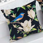 Декоративная подушка чёрная с изображением птицы в саду Blooming Blue Birds варинант исполнения - 2 | Loft Concept в Москве
