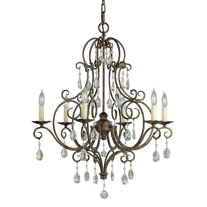 Люстра бронзового цвета с 6-ю лампами и подвесками из оптического стекла в классическом стиле Feiss Бронза Кремовый Прозрачное Стекло в Москве | Loft Concept 