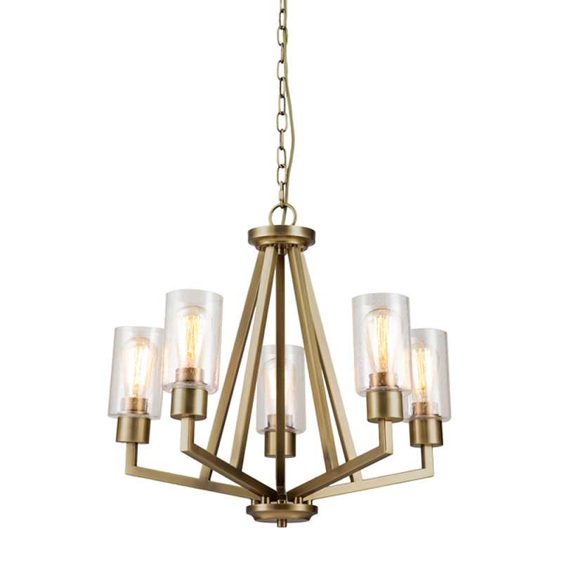 Люстра цвета латунь с 5-ю цилиндрическими плафонами из прозрачного пузырчатого стекла Kichler Латунь Прозрачное Стекло в Москве | Loft Concept 