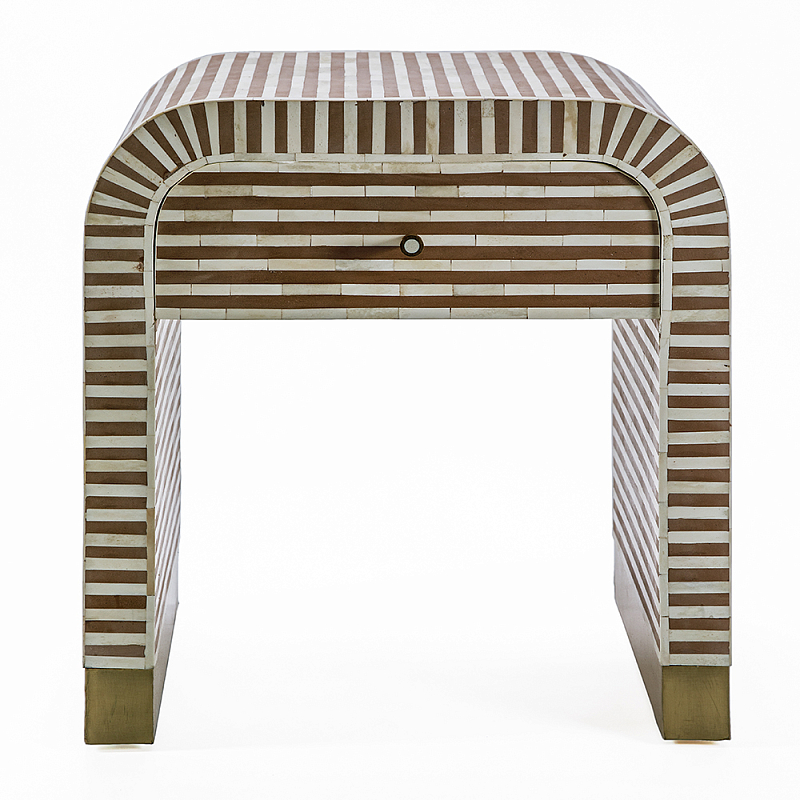 Тумбочка прикроватная с ящиком Tofino Stripes Bone Inlay Bedside Beige ivory ( слоновая кость ) Коричневый Золотой в Москве | Loft Concept 