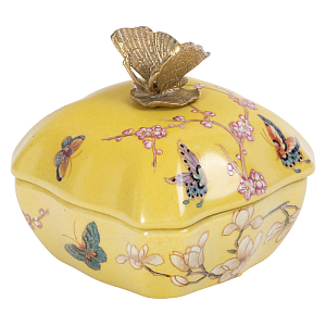 Шкатулка фарфоровая желтая с орнаментом бабочки Butterfly Waltz