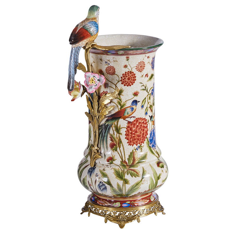 Ваза фарфоровая с птицей на бронзовой ветке и цветочной росписью Garden of Eden Бронза Мульти в Москве | Loft Concept 