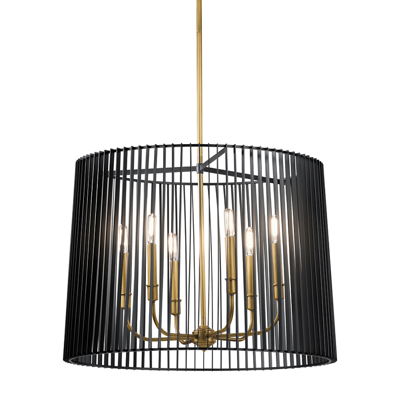 Люстра цвета латунь с 6-ю лампами свечами внутри цилиндрического абажура из черных металлических реек Kichler Латунь Черный в Москве | Loft Concept 