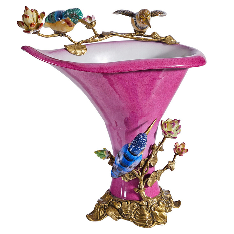 Ваза розового цвета из фарфора с птичкми и цветущими ветвями Garden of Eden Розовый Бронза Мульти в Москве | Loft Concept 