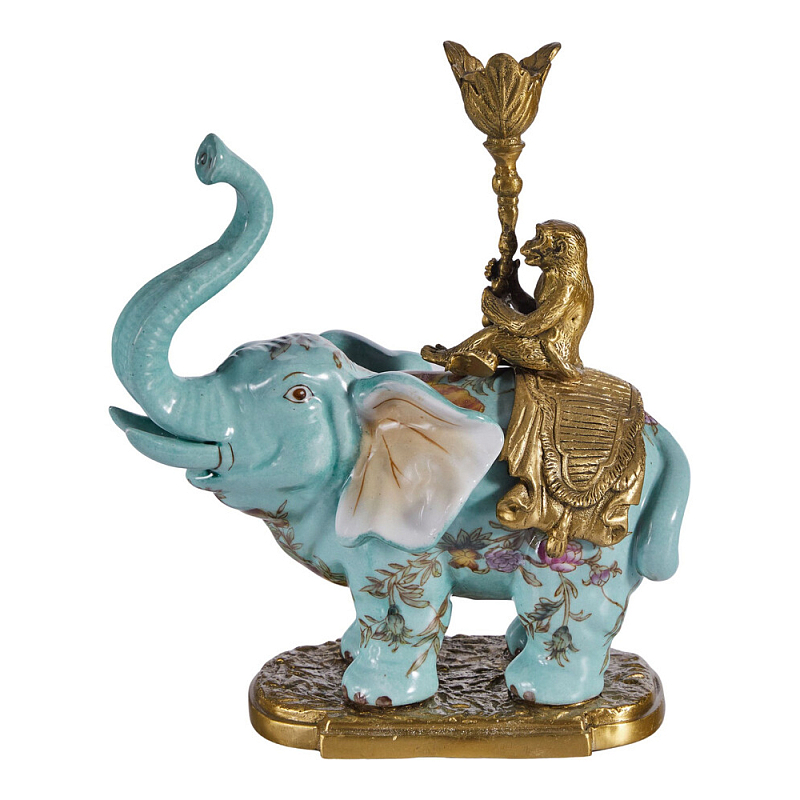 Подсвечник в виде слона из фарфора с бронзовыми элементами Elephant in the Garden of Eden Бронза Голубой Мульти в Москве | Loft Concept 