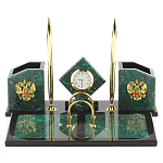 Настольный письменный набор из змеевика с часами и гербом Successful Leader варинант исполнения - 1 | Loft Concept в Москве