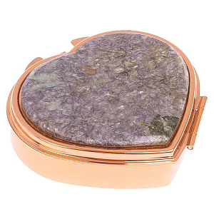 Таблетница карманная в форме сердца с 3-мя отделениями с зеркалом и накладкой из натурального камня Лепидолит Red Gold Stone Pillboxes