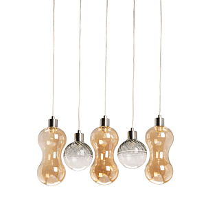 Люстра с 3-мя плафонами волнообразной формы цвета янтарь и 2-мя прозрачными шарообразными плафонами Lucid Rain 