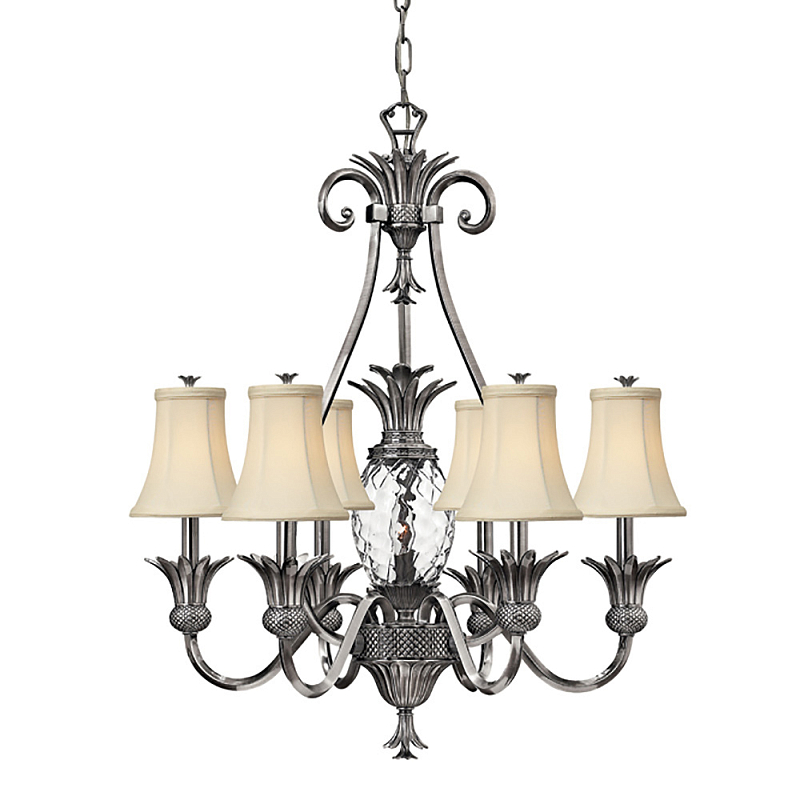 Люстра с 7-ю кремовыми текстильными абажурами Hinkley Никель Белый Бежевый Прозрачное Стекло Бронза в Москве | Loft Concept 