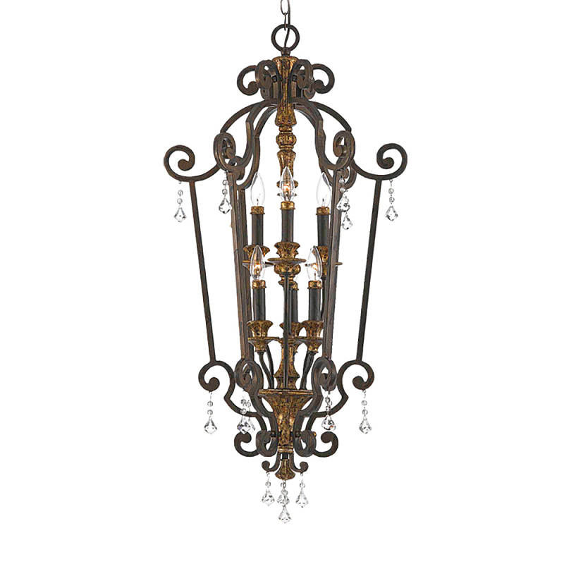 Люстра бронзового цвета с 6-ю лампами и стеклянными подвесками в классическом стиле Quoizel Бронза Прозрачное Стекло Золотой в Москве | Loft Concept 