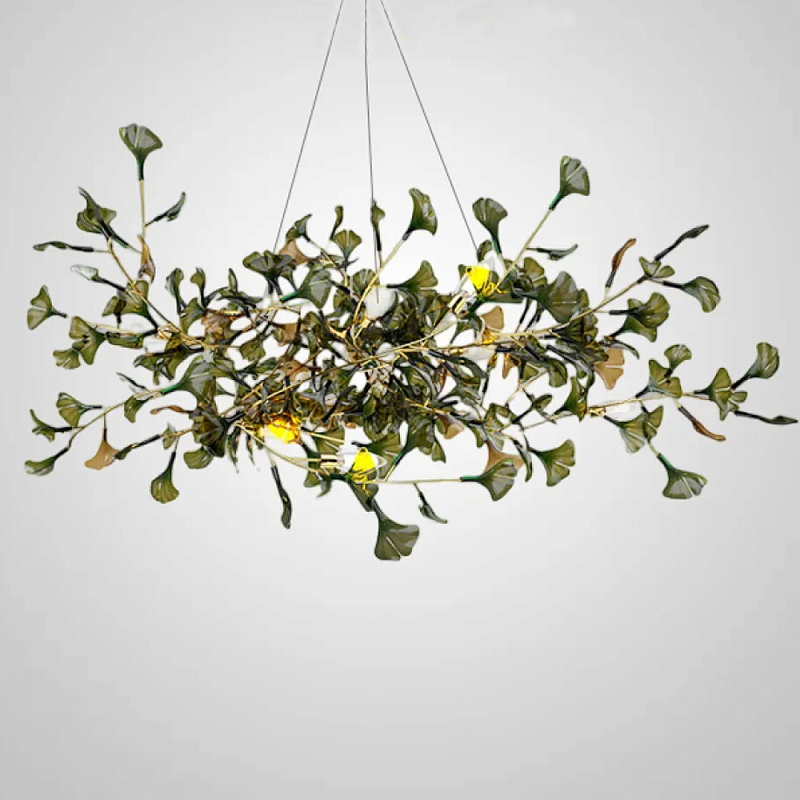 Люстра на ветвистом каркасе с листьями Horizontal Green Floral Chandelier Зеленый Латунь в Москве | Loft Concept 