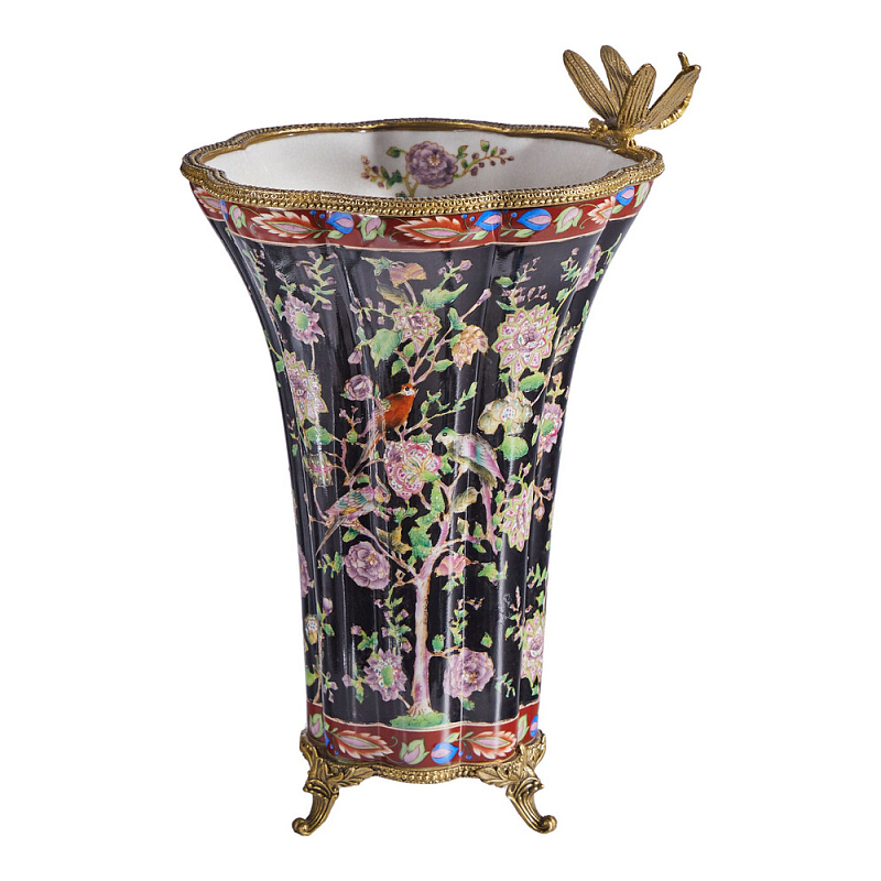 Ваза из фарфора черная с цветочной росписью и бронзовой стрекозой Spring Garden Бронза Мульти Черный в Москве | Loft Concept 