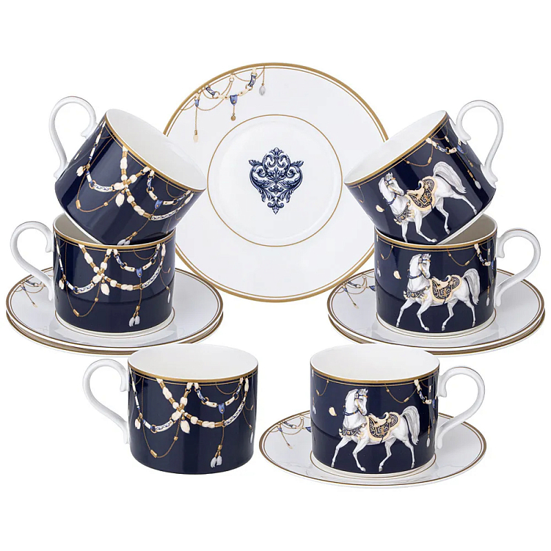 Чайный набор из фарфора с изображением лошадей на 6 персон 12 предметов Porcelain Horse Set Белый Синий в Москве | Loft Concept 