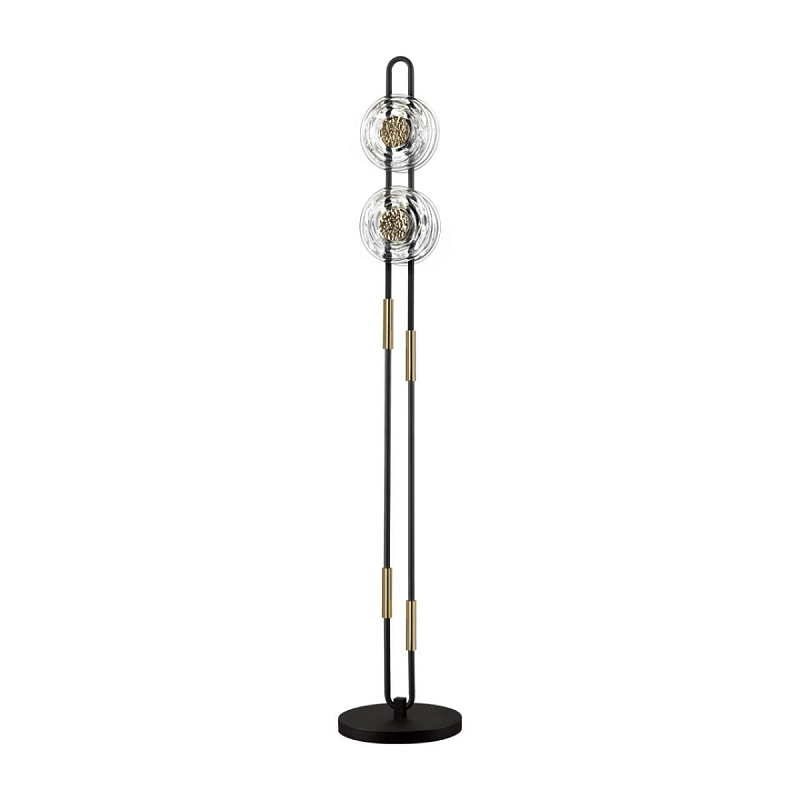 Торшер с 2-мя прозрачными стеклянными плафонами и золотистыми декоративными вставками Virelia Черный Прозрачное Стекло Золотой в Москве | Loft Concept 
