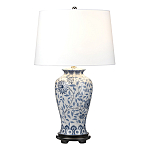 Настольная лампа с керамическим основанием в белом цвете с синим цветочным орнаментом на темной деревянной подставке и тканевым абажуром Elstead Lighting варинант исполнения - 1 | Loft Concept в Москве