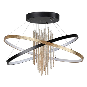 Люстра подвесная с 2-мя пересекающимися круглыми подвесами в черном и золотистом цвете и вертикальными подвесками Ring Horizontal
