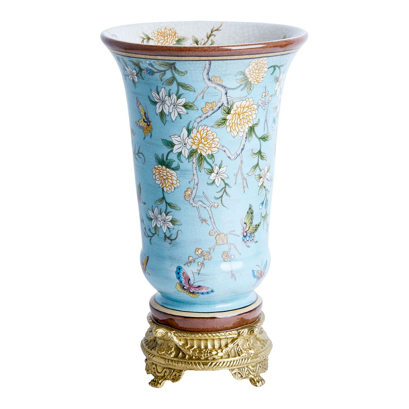Ваза из голубого фарфора с бронзовыми элементами Blue Garden Бронза Мульти Голубой в Москве | Loft Concept 