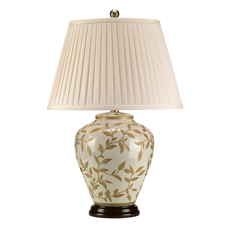 Настольная лампа с фарфоровым основанием бежевого цвета с рисунком и плиссированным абажуром на темной подставке Elstead Lighting Зеленый Бежевый Коричневый Золотой Латунь в Москве | Loft Concept 