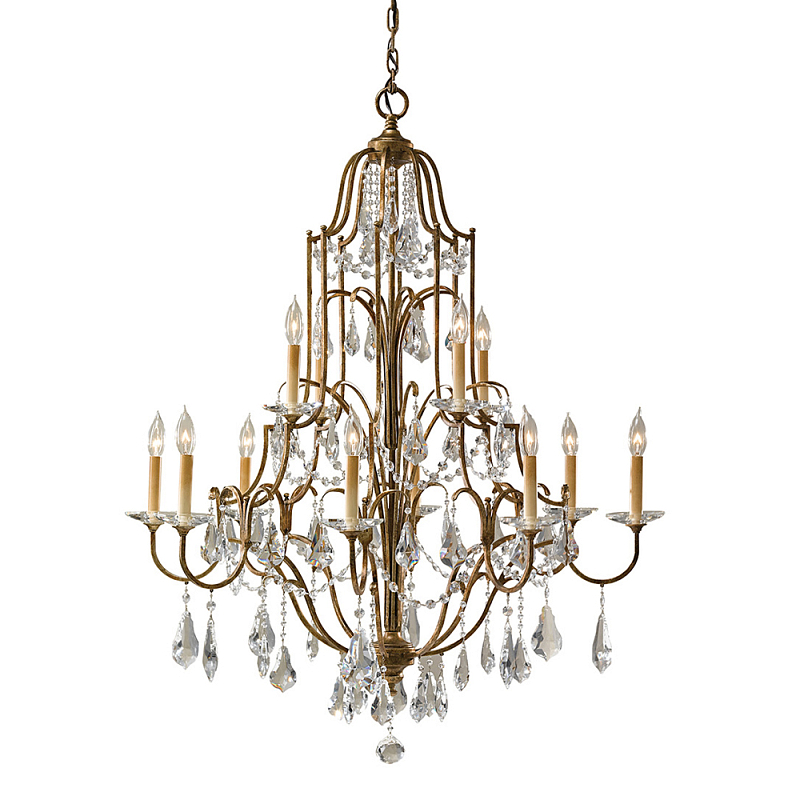 Люстра многоярусная с 12-ю лампами и стеклянными подвесками в классическом стиле Feiss Бронза Прозрачное Стекло в Москве | Loft Concept 