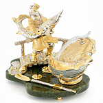 Икорница с ложкой с декором "Дед с осетром" с гравировкой на подставке из натурального камня Нефрит Decorative Cavair Dishes варинант исполнения - 1 | Loft Concept в Москве