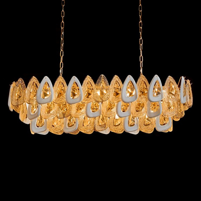 Люстра овальная с многослойными белыми и прозрачными подвесками Character Chandelier Золотой Прозрачный Белый в Москве | Loft Concept 
