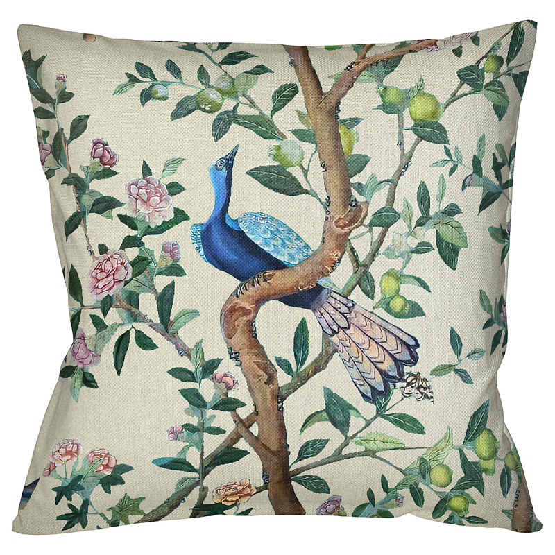        Beige Chinoiserie Blue Bird in the Garden Cushion     | Loft Concept 