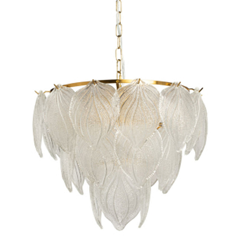 Люстра на цепи с прозрачными стеклянными подвесками в виде листьев Textured Glass Chandelier Прозрачное Стекло Латунь в Москве | Loft Concept 