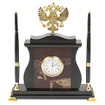 Часы настольные с Гербом России и 2-мя шариковыми ручками в комплекте Stone Clock варинант исполнения - 5 | Loft Concept в Москве
