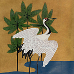 Обои ручная роспись Tsuro Cranes Original colourway on Gold Bullion gilded silk варинант исполнения - 1 | Loft Concept в Москве