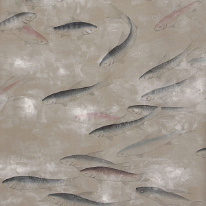 Обои ручная роспись Fishes Blue Pearl on Lead Grey dyed silk with antiquing